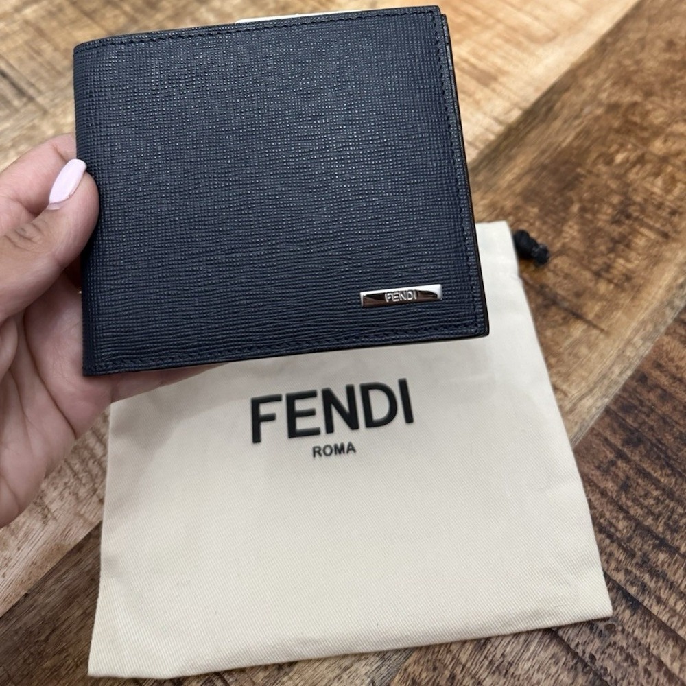 Fendi Men's Dark Navy Blue Bifold Wallet w/Credit Card Slots and dust bag